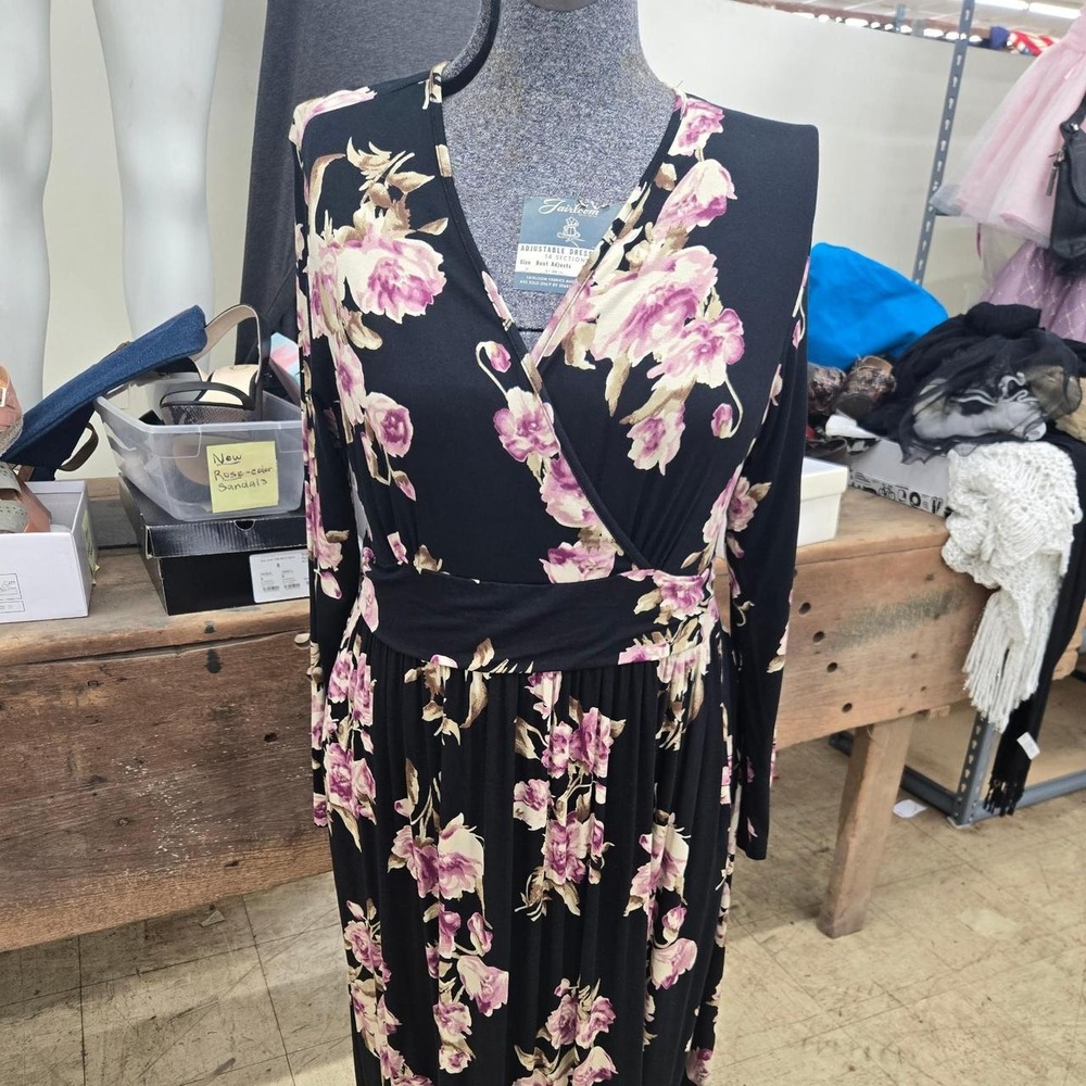 Womans Black Floral Maxi Dress with Pink/Beige Floral Pattern V Neckline